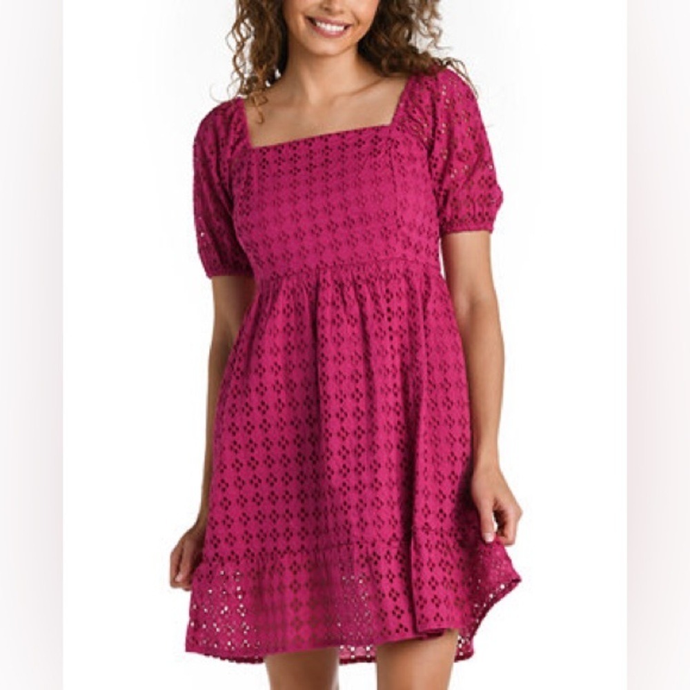 🌺 La Blanca Eyelet Puff Sleeve Dress – Hot Pink – Size XL 🌺